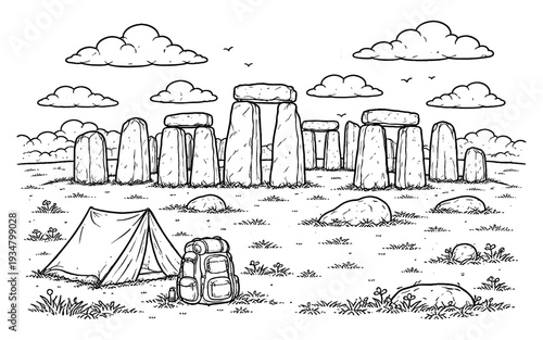 Stonehenge camping adventure with tent and backpack in a sketched landscape