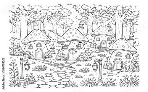 Whimsical mushroom houses nestled in a magical forest with stone pathways and lanterns