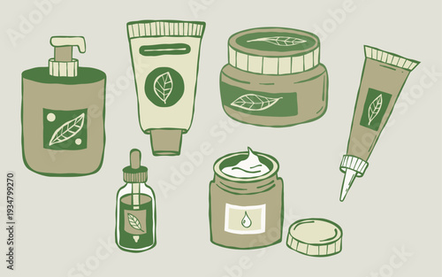 Natural Organic Skincare Cosmetic Bottles and Tubes Set. Isolated hand-drawn in Sage Green and Cream. Vector Illustration