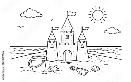 Whimsical line art drawing of a sandcastle with bucket, shovel, and shells on a sunny beach