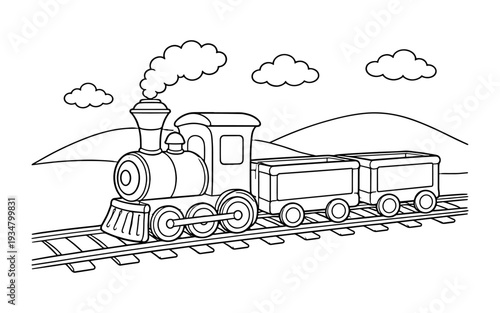 Vintage steam train with two carriages chugging along railway tracks through rolling hills