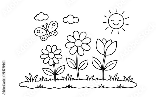 Simple line drawing of a happy sun, clouds, butterfly, and flowers in a meadow