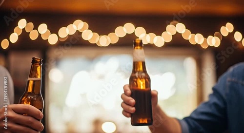 Three hands toasting with amber beer bottles, warm bokeh lights in a festive background