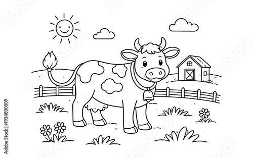Cute cartoon cow with bell on a farm with a barn and sunny sky, line art illustration