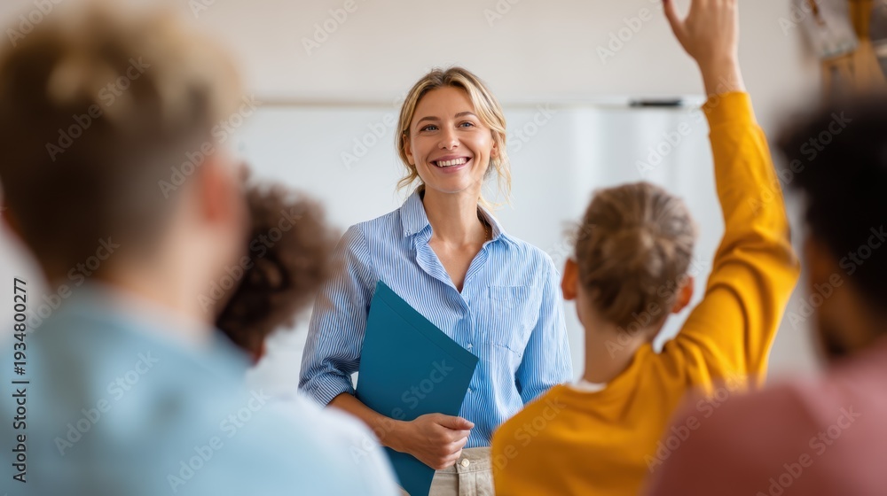 Fototapeta premium Smiling female teacher leading a classroom discussion, with a student raising their hand to answer a question
