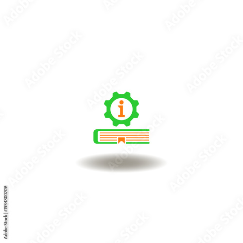 Vector illustration of book and gear wheel with i letter. Symbol of instruction. Icon of information guide handbook.