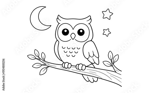Cute cartoon owl perched on a branch under the moon and stars