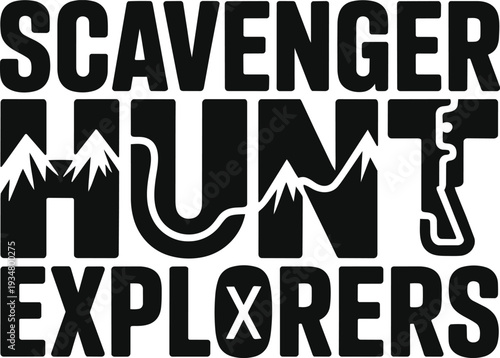 Scavenger hunt explorers with mountain peaks and winding trail graphic for outdoor adventure