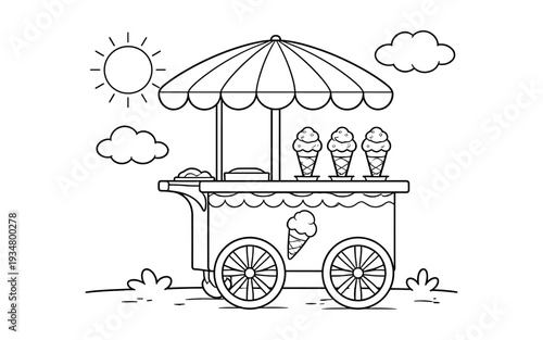 Whimsical black and white illustration of an ice cream cart on a sunny day