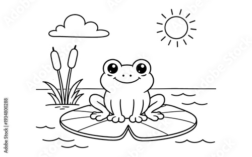 Cute cartoon frog sitting on a lily pad under the sun and clouds