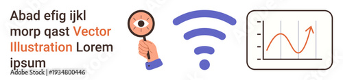 Data analysis, connectivity, network security, online communication, statistics, business solutions. A magnifying glass, wireless signal icon and a graph chart. Data analysis and connectivity