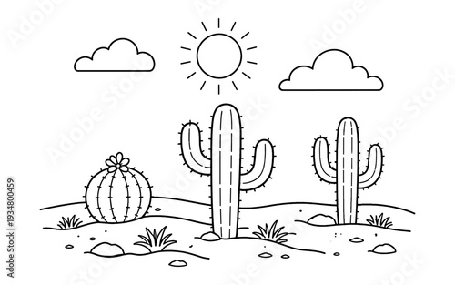 Simple line art illustration of a desert landscape with saguaro cacti and a bright sun