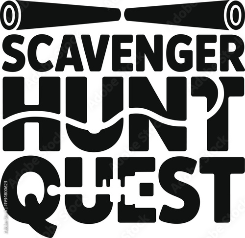 Scavenger hunt quest text typography binoculars design abstract