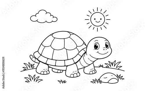 Cute cartoon turtle walking on grass under a smiling sun and fluffy cloud