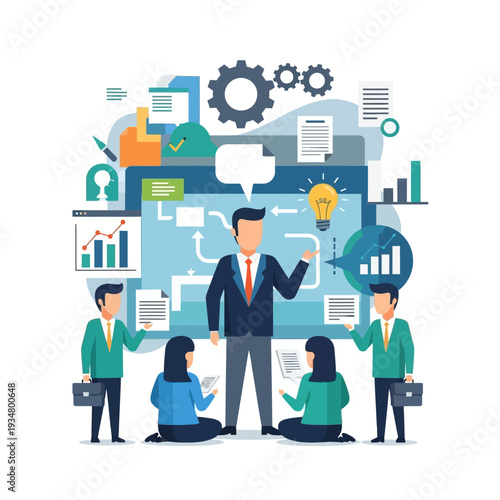 Business team collaborating on a project with a leader presenting ideas and strategies on a digital board with charts and graphs.