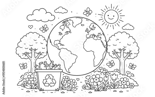 Cartoon illustration of planet Earth with recycling bin, trees, flowers, sun, and butterflies