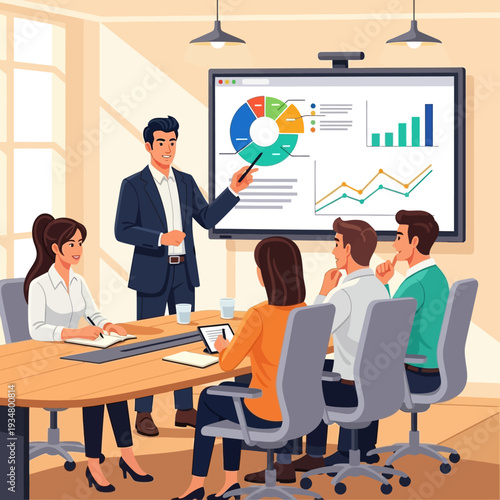 A business presentation in a modern office setting with a presenter pointing at a screen displaying charts and graphs to an attentive audience.