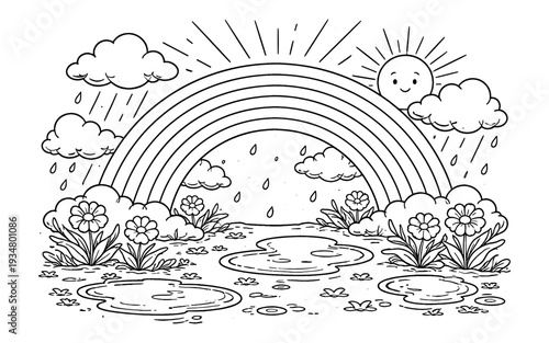 Charming cartoon rainbow with sun, clouds, rain, flowers, and puddles for coloring