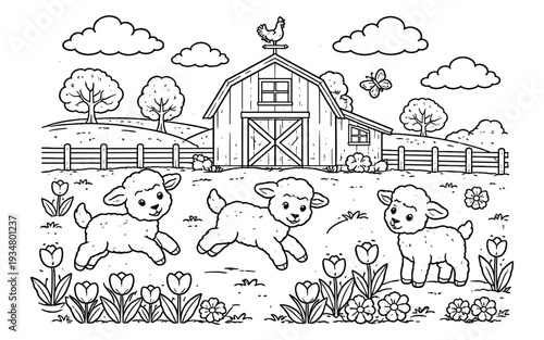 Cute cartoon lambs frolicking in a field with a barn and tulips