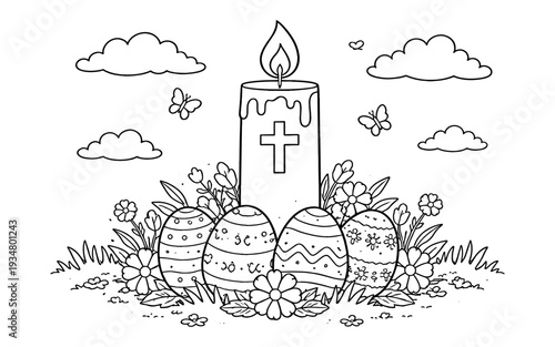 Easter coloring page with decorated eggs, candle, flowers, butterflies, and clouds