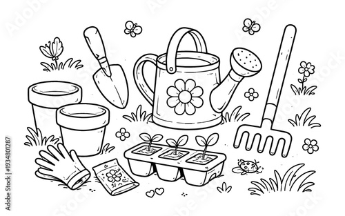 Cute cartoon gardening tools and seedlings for a spring planting illustration