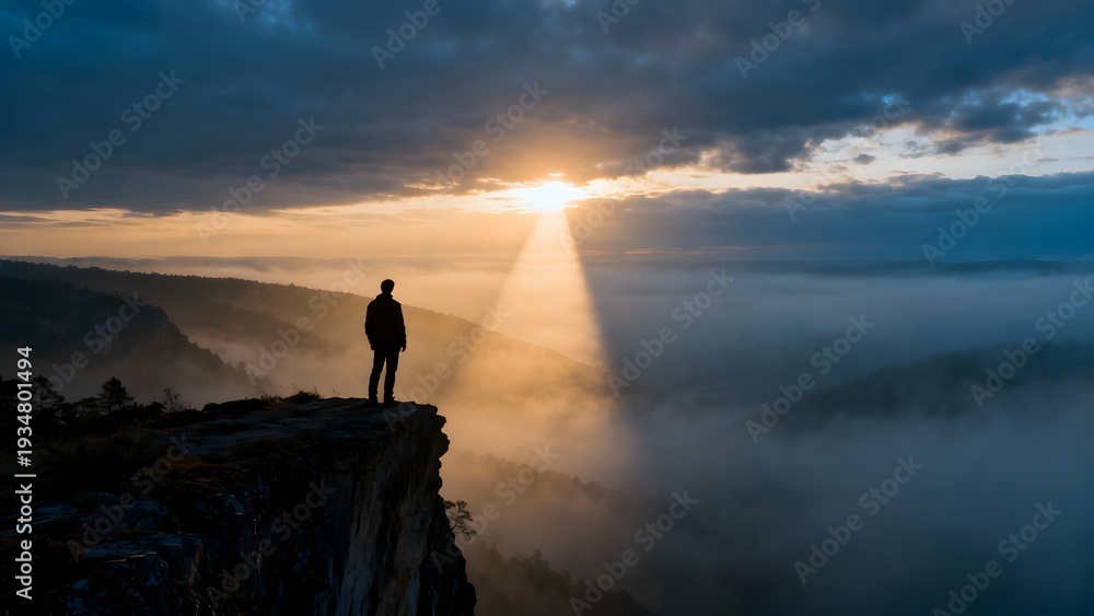 Obraz premium Lone figure on a cliff edge overlooking a misty landscape with dramatic sunbeams