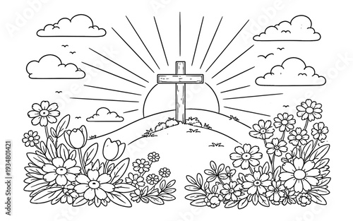 Easter sunrise with cross and blooming flowers on a hill, a symbol of hope and new beginnings