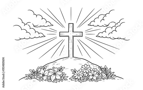 Christian cross on a hill with radiant light and clouds, surrounded by blooming flowers