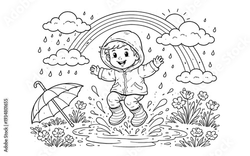 Joyful child in raincoat jumping in puddles under a rainbow and rain