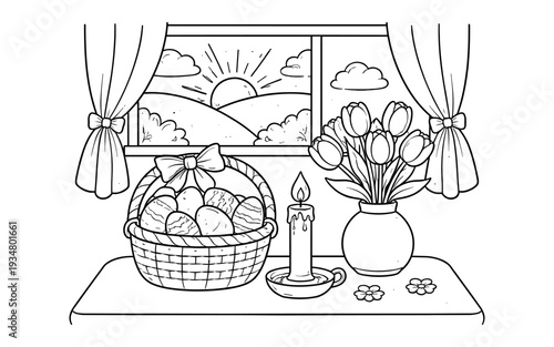 Easter basket with tulips and candle by the window at sunrise, a charming scene