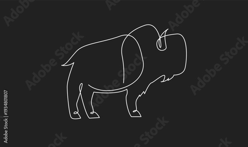 Minimalist Continuous Line Art Drawing of an American Bison Silhouette on Dark Background