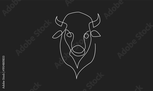 Continuous Line Art Bison Head. Minimalist One Line Drawing of American Buffalo or Bull Head on Black Background.