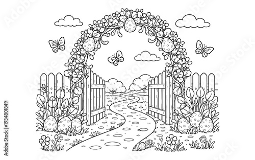Easter garden archway with decorated eggs and butterflies, a whimsical scene for coloring