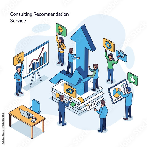 Illustrative isometric graphic depicting a team collaborating on a consulting recommendation service, symbolized by an upward-trending arrow and data analysis.