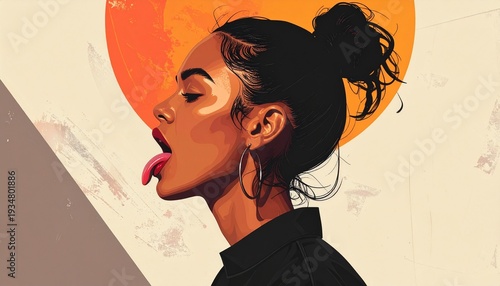 Youn woman in left‑facing profile with bold, expressive features. Their dark hair is tied into a high bun. The mouth is open with the tongue outward, giving the portrait a playful, rebellious attitude