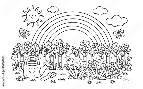 Cute cartoon garden scene with a rainbow, sun, flowers, butterflies, and watering can