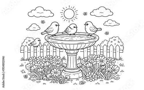 Charming line art illustration of birds gathered around a bird bath in a garden setting