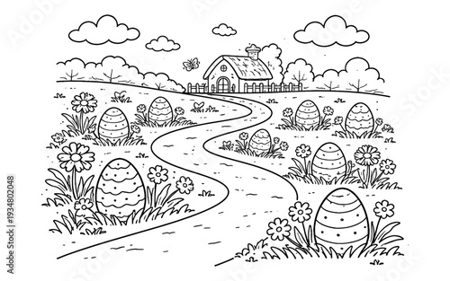 Whimsical Easter egg hunt scene with a winding path leading to a charming cottage