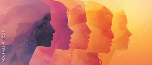 Abstract watercolor silhouette profiles of diverse women overlapping in colorful gradient representing Women's History Month and female empowerment