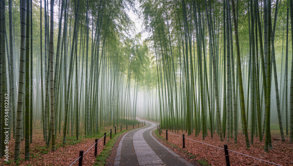 Fototapeta premium Misty Morning Walk Through Arashiyama Bamboo Grove