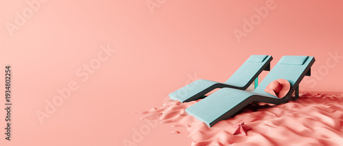 Minimalist summer concept design. Two modern deck chair on pink background with copy space. 3D Rendering, 3D Illustration