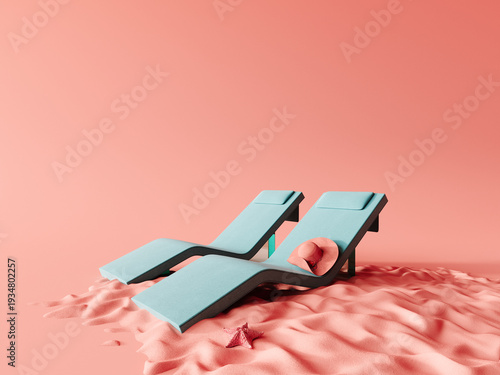 Minimalist summer concept design. Two modern deck chair on pink background with copy space. 3D Rendering, 3D Illustration