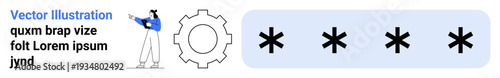 User pointing to a password bar with hidden characters and a gear symbolizing system settings. Ideal for cybersecurity, authentication, system security, IT services, information protection, online