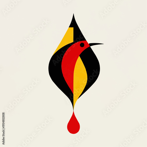 Abstract bird symbol in a flame-like teardrop shape with a single falling red drop. Minimalist vector illustration.