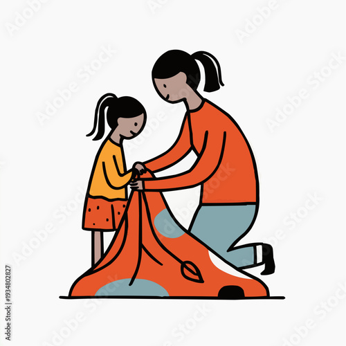 Mother and daughter sharing a loving moment in a simple cartoon illustration. Isolated vector for Mother's Day.