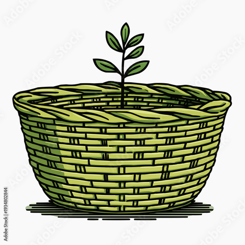 Woven wicker basket with a small green plant sprout. Flat vector illustration.