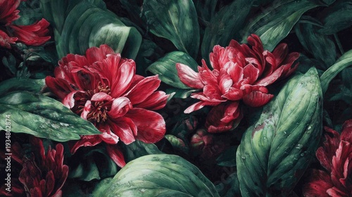 Rich red blossoms burst forth amidst dense, dark green foliage in an artistic rendering.