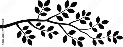 Elegant black tree branch silhouette with small leaves isolated on white background for nature inspired logo design and organic decorative elements.