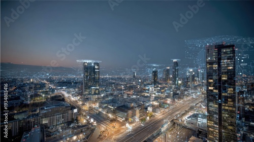Wallpaper Mural Illuminated modern metropolis showcases glowing digital network connections overhead at twilight Torontodigital.ca