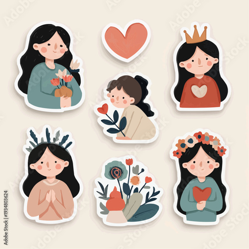 Cute Mother's Day sticker set with naive flat cartoon illustrations of women, girls, and hearts.